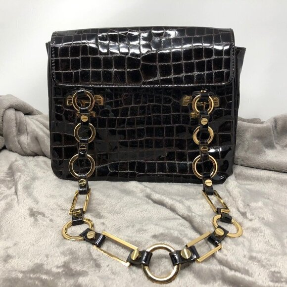 Tory Burch Retired Dark Brown Patent Leather Croc Embossed Gold Hardware Bag - Picture 2 of 12